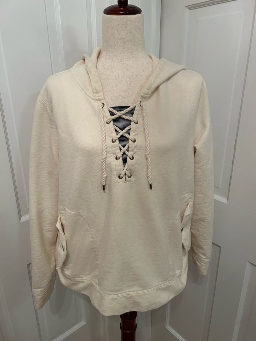 LAUREN RALPH LAUREN Lace Up Hoodie Cream Nautical Crest Sz L Coastal